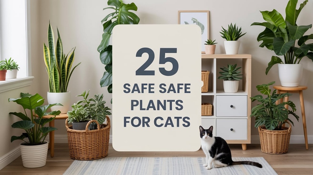 Cover image for guide titled ‘25 Safe Plants for Cats’ showing cat-friendly houseplants arranged in a bright indoor setting.