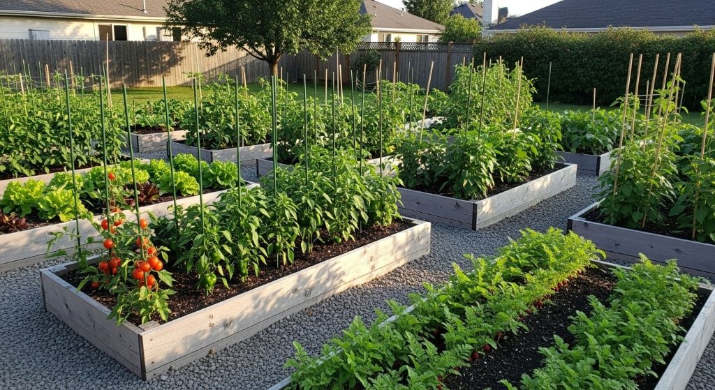 Multiple wooden raised garden beds with proper 3-foot spacing between rows in a backyard vegetable garden