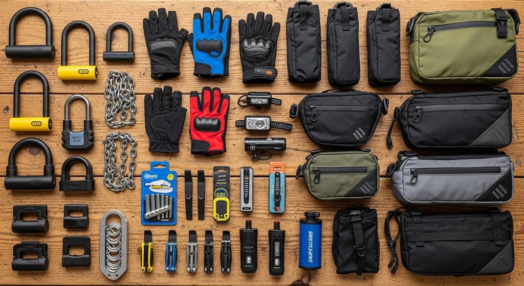 Assorted essential bike accessories like locks, gloves, and panniers arranged on a workshop bench for easy selection.