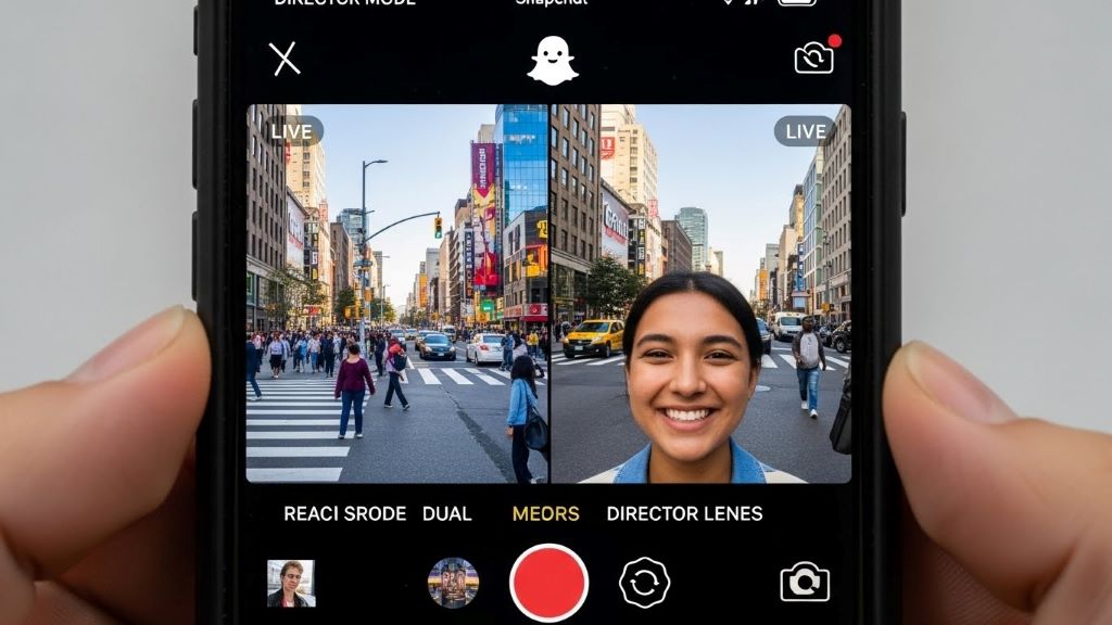 Smartphone screen displaying Snapchat Director Mode dual camera feature with front and rear camera views simultaneously
