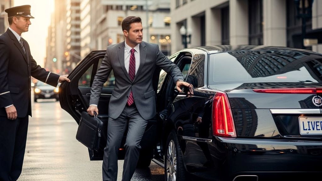 Business executive entering black town car operated under livery license for corporate transportation