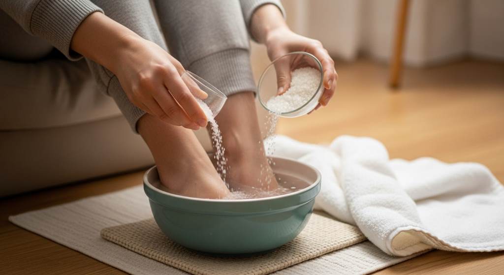 Person preparing a warm foot soak with basin and salts at home