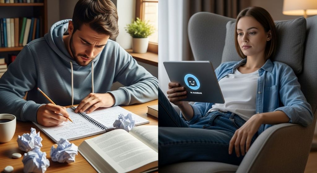 Split image comparing student struggling productively with pencil and paper versus student passively using AI assistant demonstrating learning differences