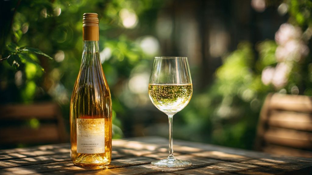 Bottle of natural piquette wine next to a filled wine glass showing gentle effervescence and pale golden color in outdoor setting