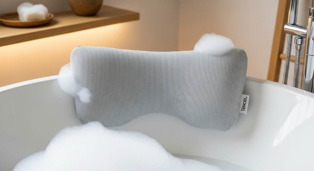 Close-up of organic latex filling in a green bath cushion, highlighting natural materials for neck support during relaxing soaks.
