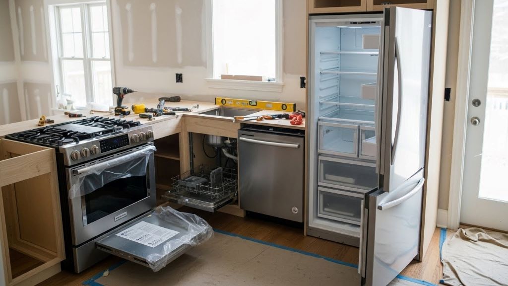 Kitchen renovation in progress showing new appliances being installed including range, refrigerator, and dishwasher
