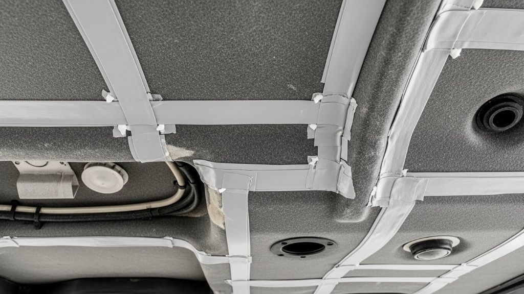 Close-up of RV underbelly seam tape application on joints and penetration points for moisture protection