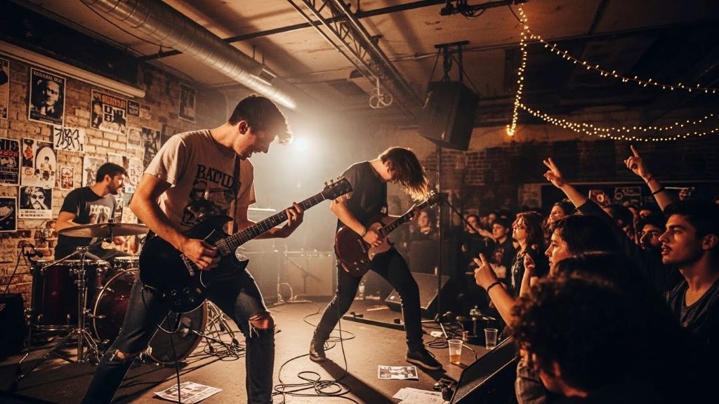 Musicians playing guitars and drums at underground Bronx indie concert showcasing emerging artists and local music scene