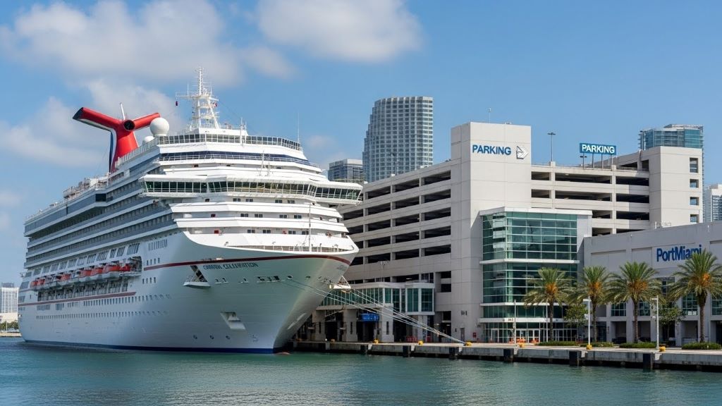 Carnival cruise ship docked at Miami port with parking garage and terminal entrance visible