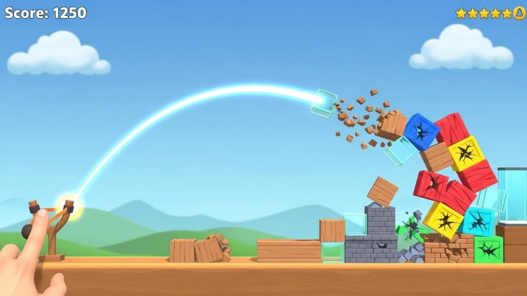 Mobile physics puzzle game with trajectory line and destructible buildings on screen