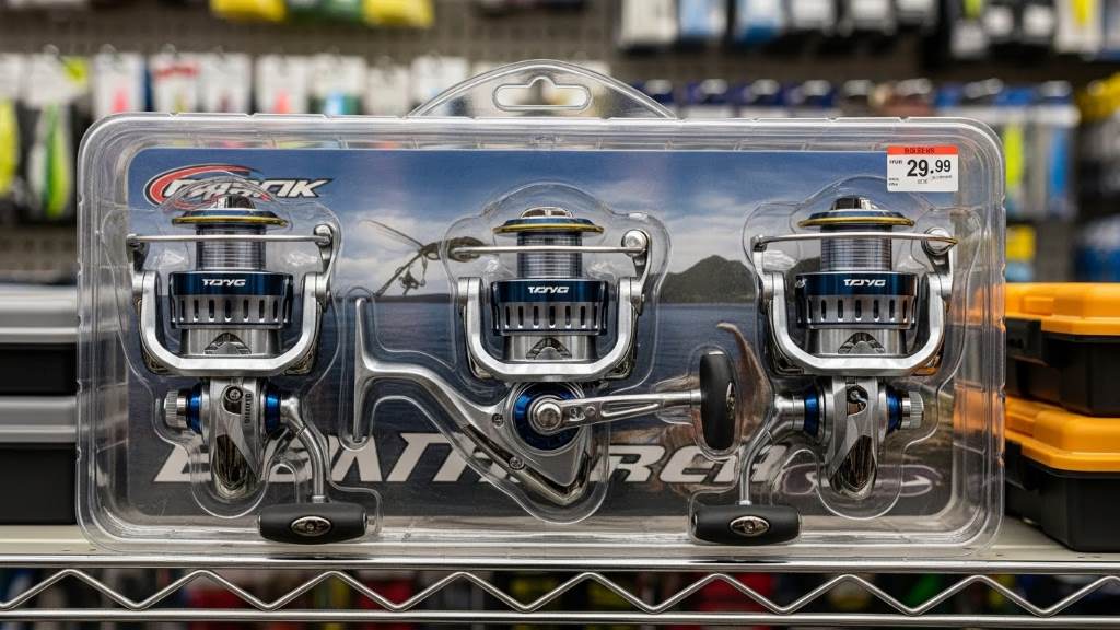 Clear plastic clamshell packaging displaying a shiny fishing reel from multiple angles on a store shelf.
