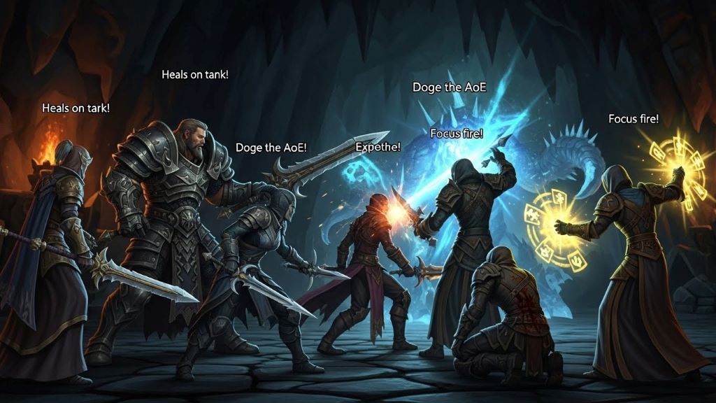 Guild members collaborating during an in-game raid event with coordination and teamwork