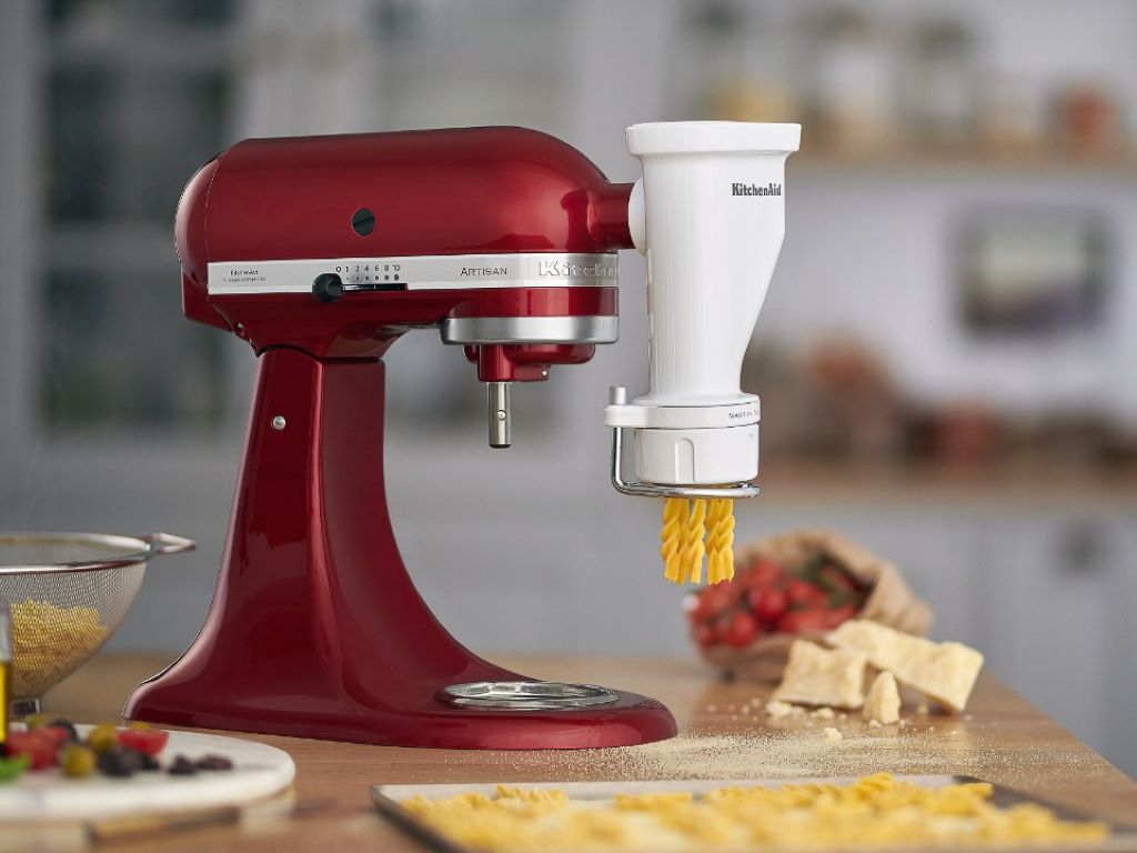Homemade pasta being made using KitchenAid Gourmet Pasta Press