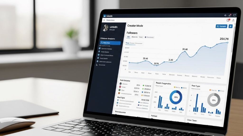 LinkedIn Creator Mode dashboard showing follower growth and engagement analytics on a laptop screen