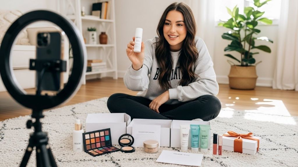 Small influencer creating content with product samples received from brand partnership PR package