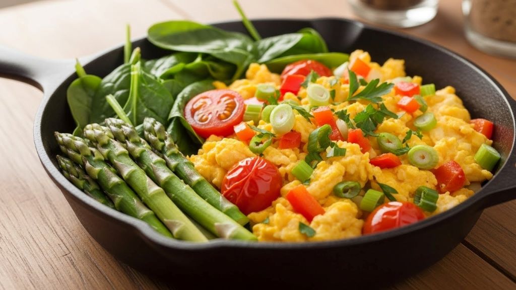 Fresh spinach and eggs scrambled in a pan with colorful vegetables for an MTHFR-friendly breakfast