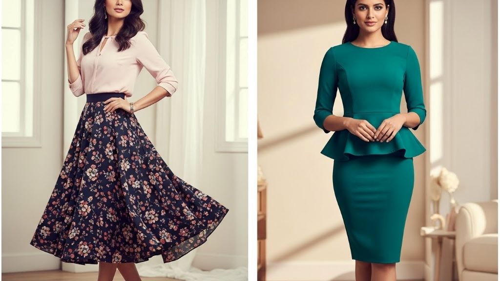 A-line skirt and peplum dress examples showing effective narrow hip compensation styling methods