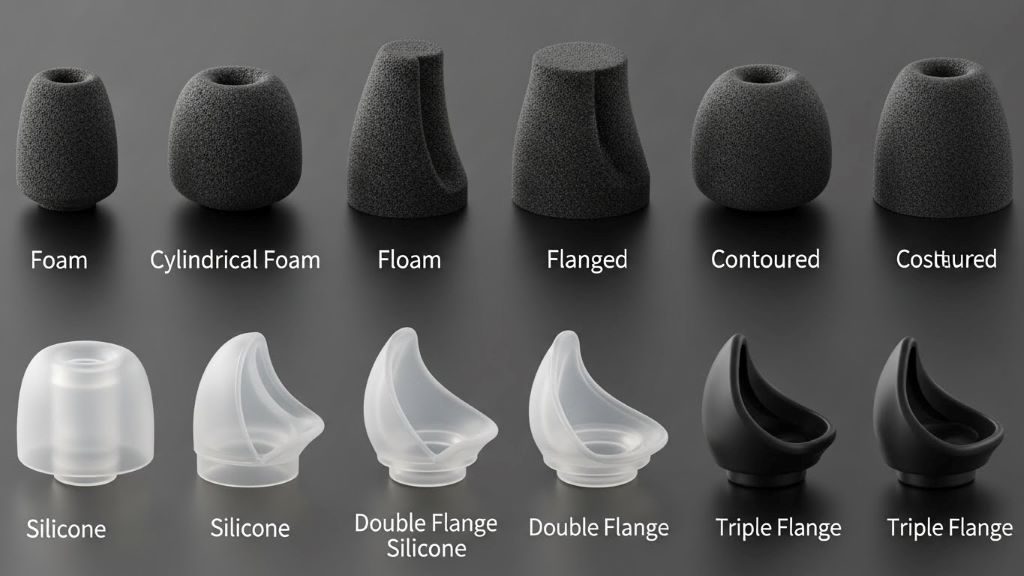 Close-up comparison of different wing attachment types including foam and silicone options for noise isolation