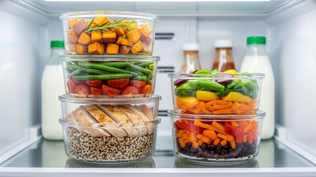 Glass containers filled with colorful meal prep ingredients stacked in refrigerator