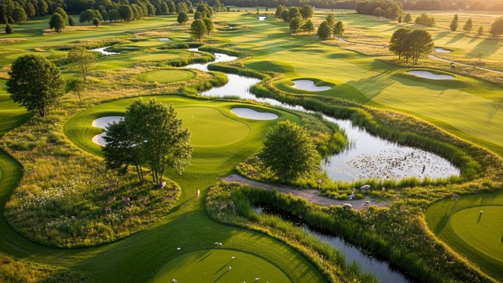 Sustainable golf course maintenance with organic turf management and preserved wildlife habitat areas