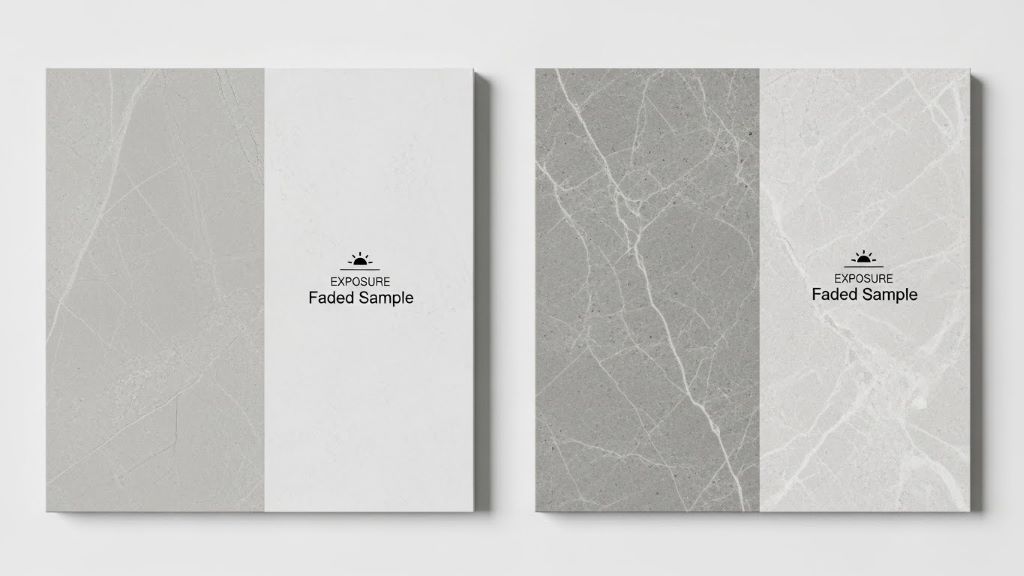 Comparison of porcelain panel and sintered stone samples displaying color consistency and fade resistance