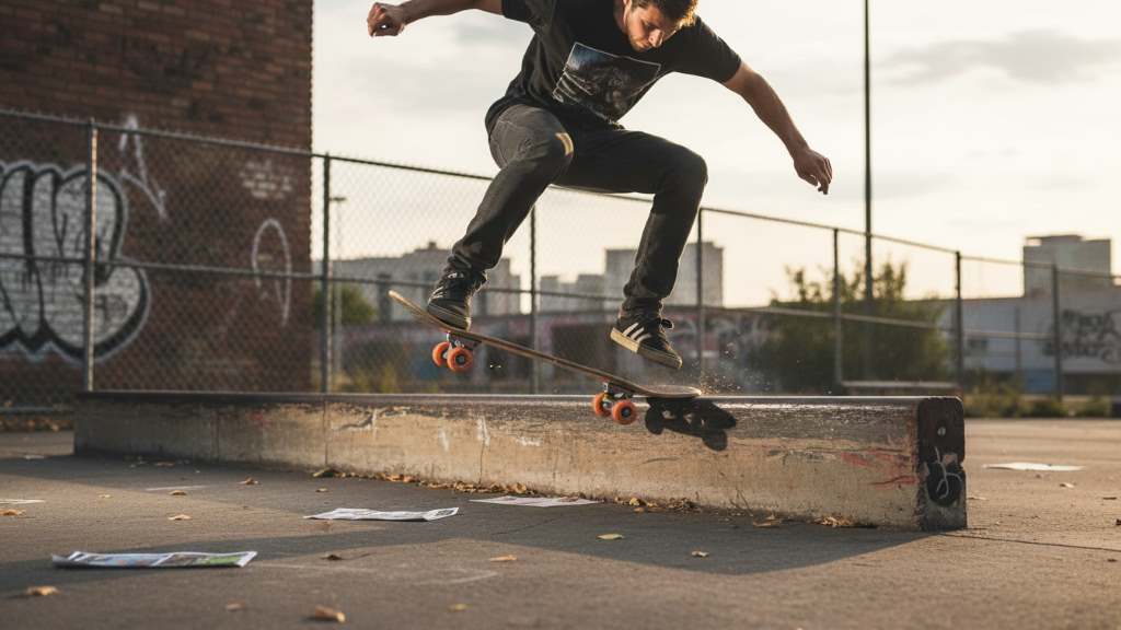 Skateboarder performing street tricks like ollies and grinds on Spitfire wheels in urban setting