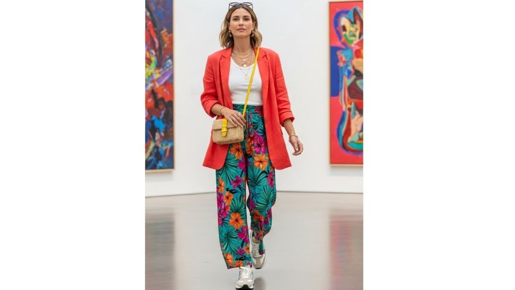 Comfortable fashion-forward Art Basel Miami outfit with sneakers and flowing pants for gallery hopping