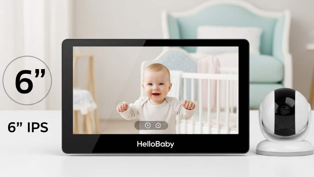 HelloBaby 6-inch IPS screen showing clear baby image in nursery setting