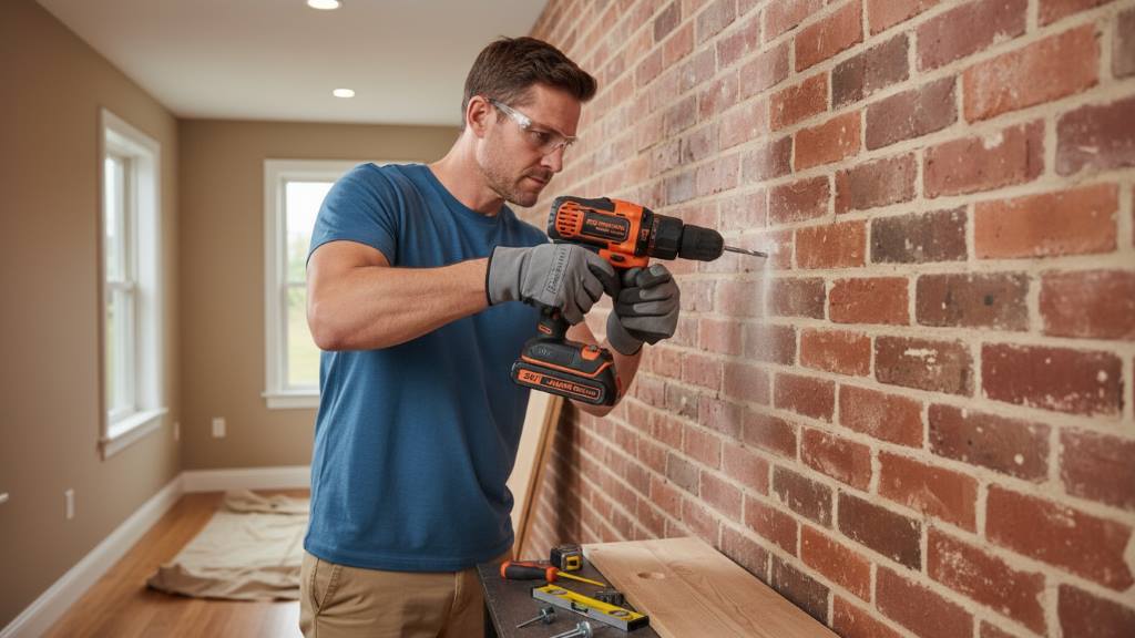 Homeowner using 20V hammer drill to install shelf on brick wall indoors