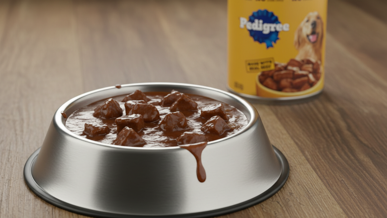 Juicy chunks of Pedigree Choice Cuts Beef Wet Dog Food in rich gravy served in a stainless steel bowl