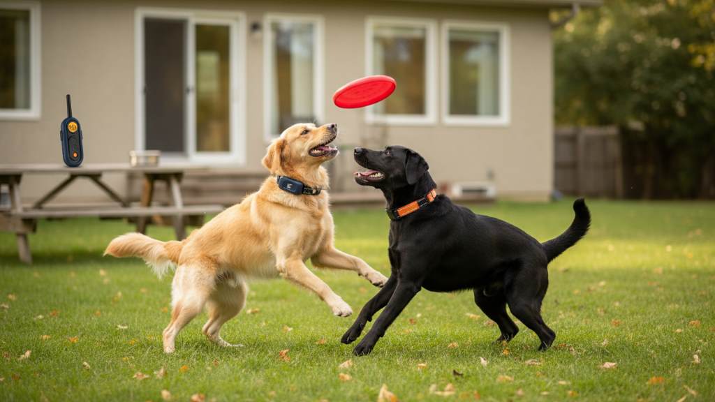 Two dogs playing freely with Bousnic collars for multi-pet household training