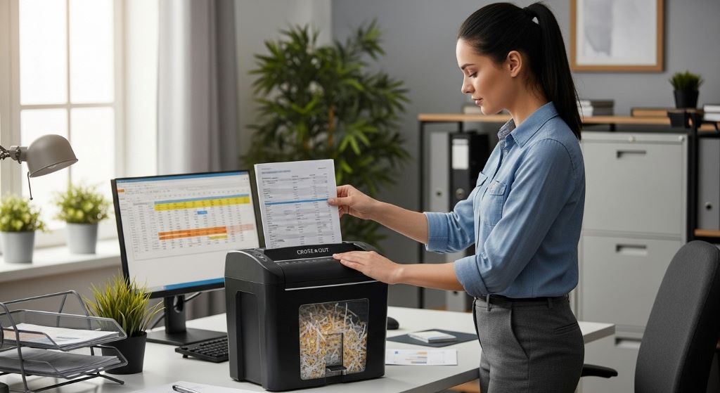 Small business employee using cross-cut shredder to dispose of sensitive customer information safely