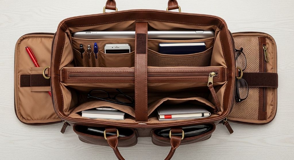 Professional structured teacher handbag with exterior pockets and interior organization sections laid open to display compartment layout and storage capacity