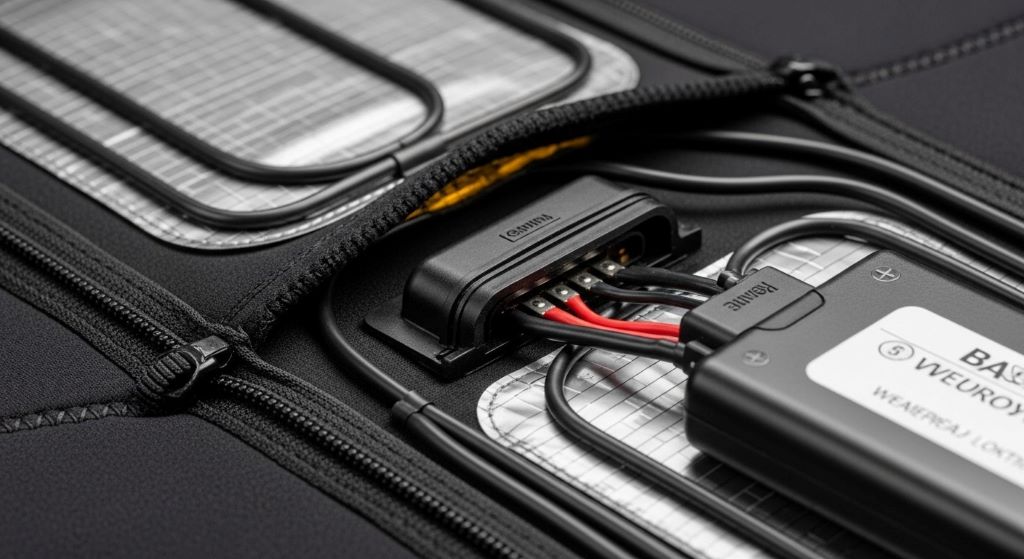 Close-up of heated wetsuit heating elements and battery connection showing waterproof technology and quality construction