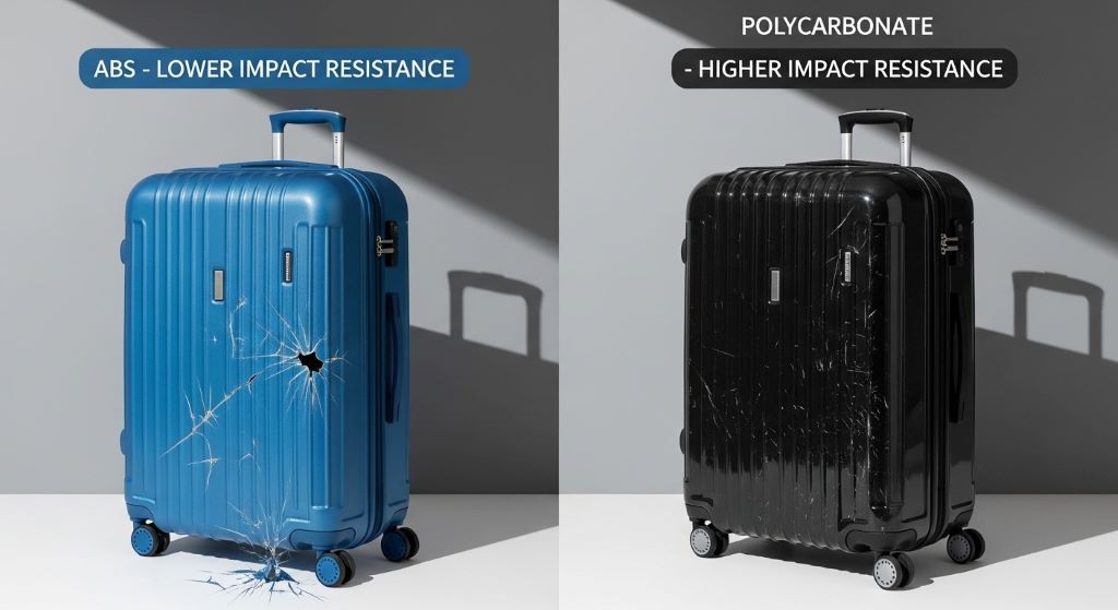 Comparison of ABS and polycarbonate hardshell suitcases showing different impact resistance properties and durability features for budget travelers