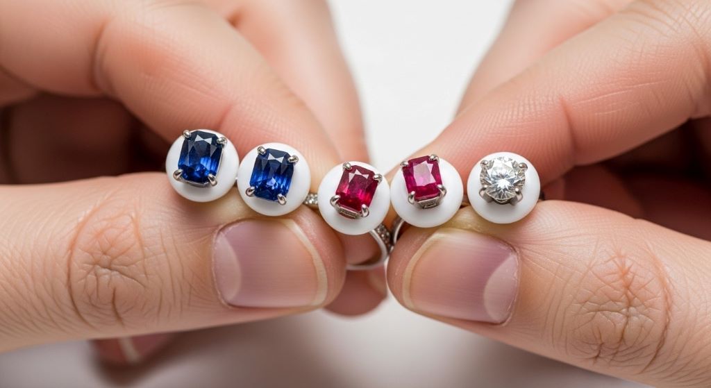 Close-up of hands comparing different engagement ring gemstones including sapphire, ruby, and diamond in protective settings