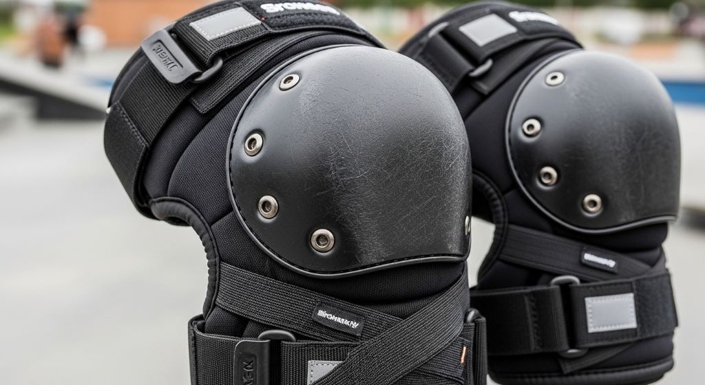 Close-up of impact-resistant knee pads with hard plastic caps and adjustable straps for skateboarding protection