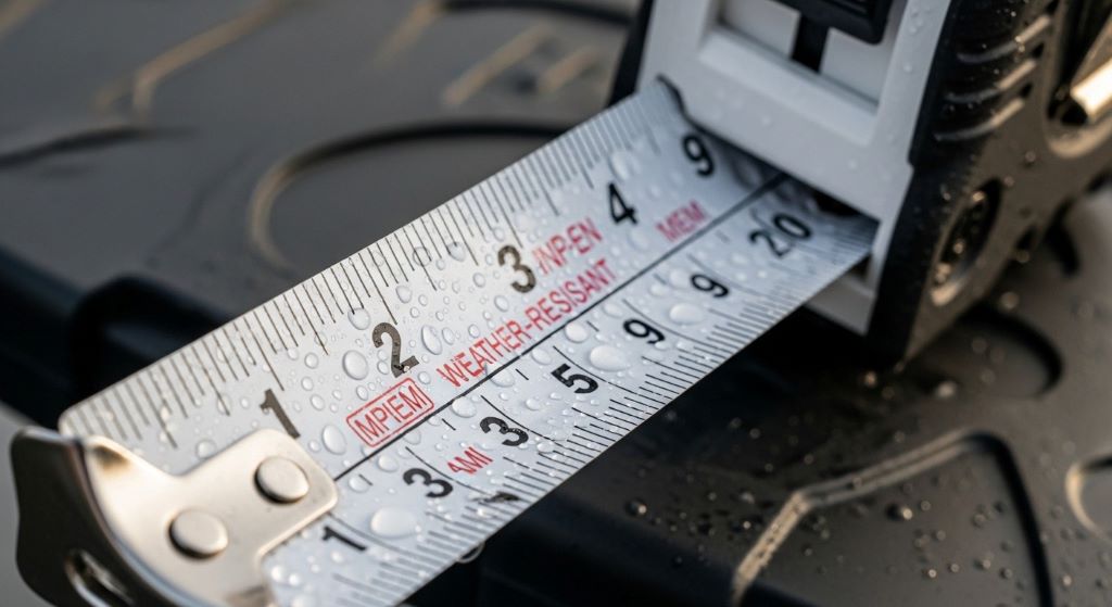 Close-up of weather-resistant tape measure showing blade markings and protective coating