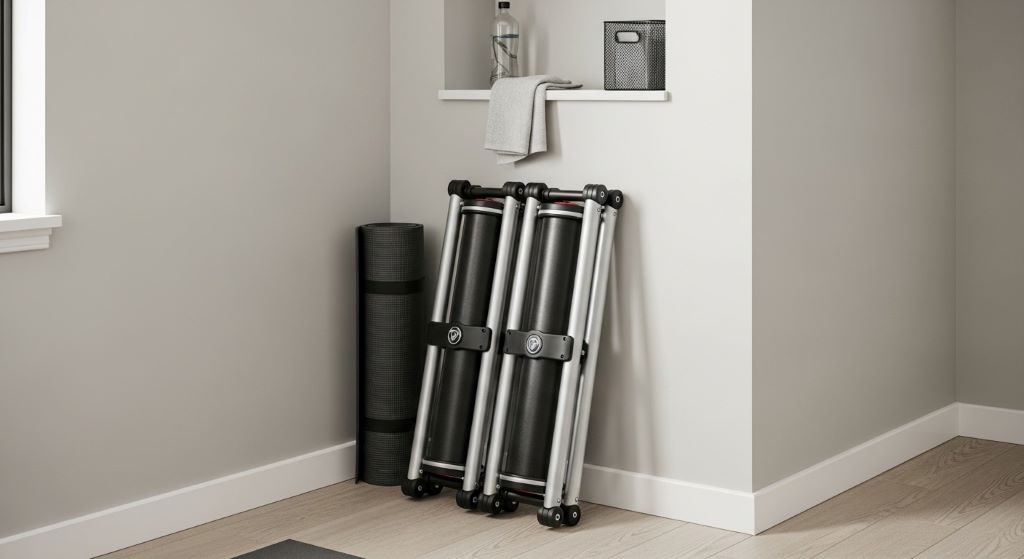 Folded indoor cycling rollers stored vertically against wall showing space-saving storage solution for small home gym