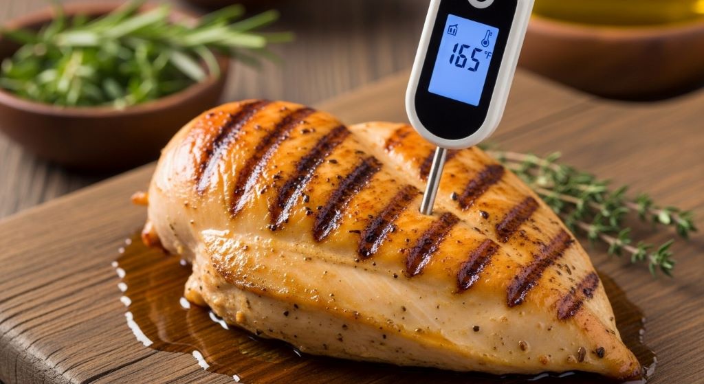 Digital meat thermometer inserted into chicken breast showing temperature reading of 165 degrees Fahrenheit for safe cooking