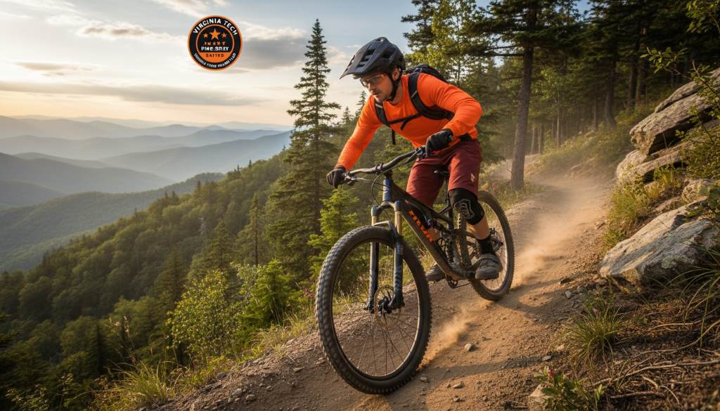 Rider wearing a five-star Virginia Tech rated helmet while descending a mountain bike trail safely