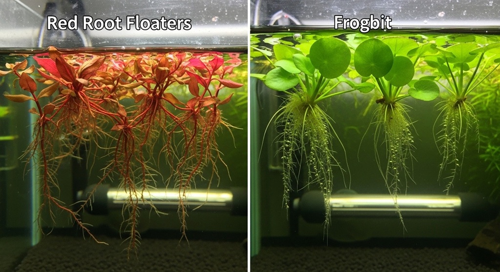 Frogbit floating plant with long dangling roots in freshwater tank