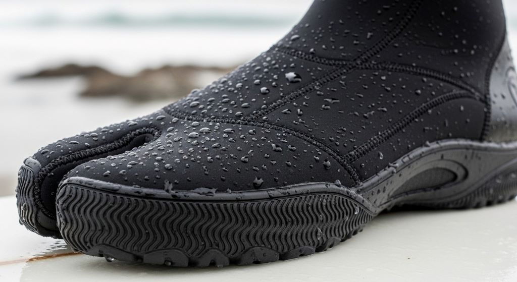 Close-up of insulated surf footwear showing split-toe design and textured sole for winter surfing