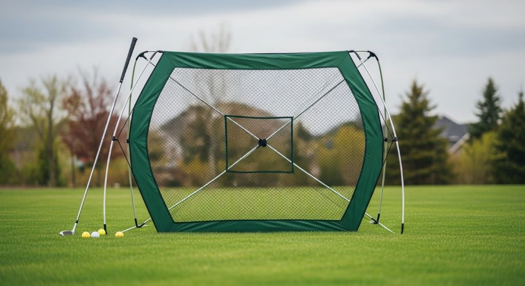 Pop-up golf net fully deployed showing quick-setup frame design