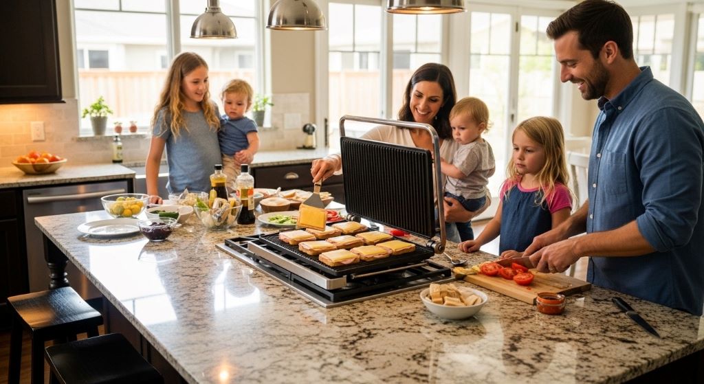 Family gathering around kitchen counter with contact grill preparing multiple servings