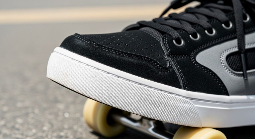Close-up of impact protection shoes for skateboarding showing cushioned sole and reinforced toe box after street skating session