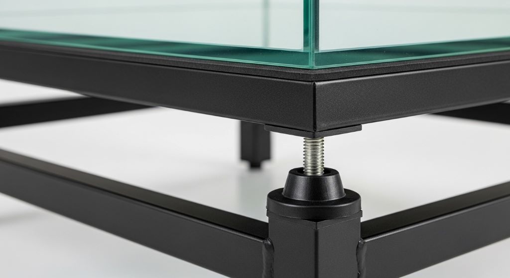 Close-up detail of sturdy metal aquarium stand construction with powder-coated steel frame and adjustable leveling feet supporting large tank