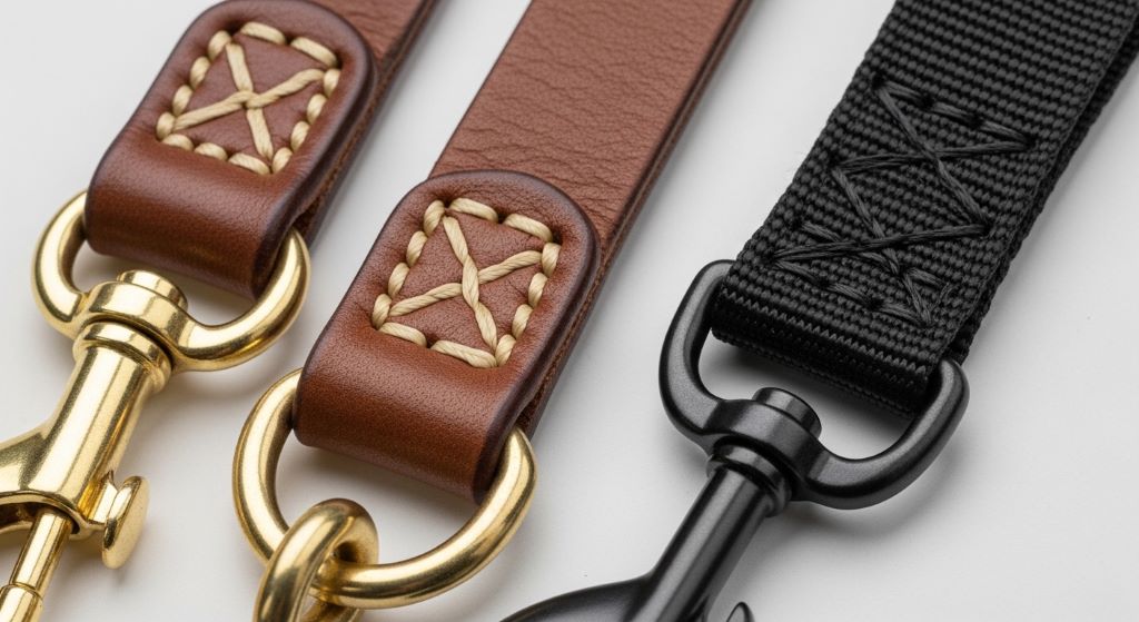 Close-up comparison of quality dog leash stitching and metal hardware showing durable construction details and reinforced connection points