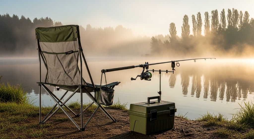 Budget-friendly folding camping chair set up next to fishing rod at peaceful lakeside with tackle box and morning mist on water
