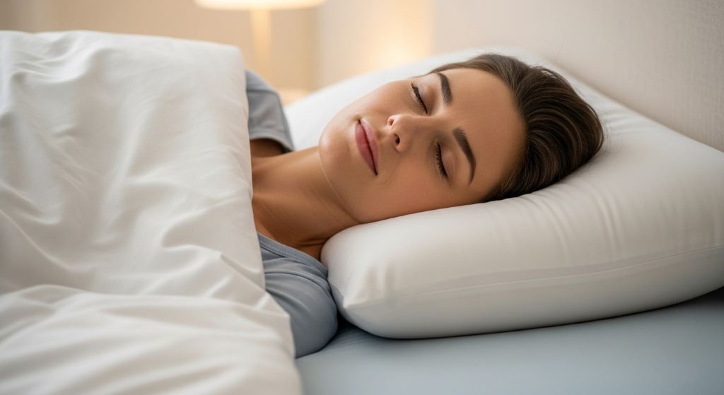 Medium loft pillow supporting back sleeper's neck in natural curved position for spinal alignment